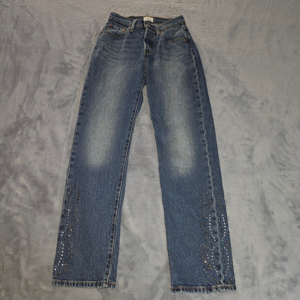Levis 501 Curve Jeans Womens 25x30 Medium Wash Rhinestone Studded Straight Leg